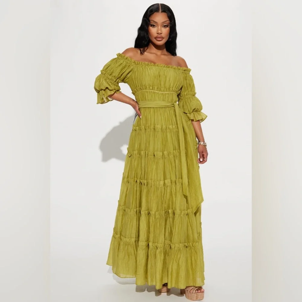Fashion Nova Off-Shoulder Maxi Dress in Olive Green - Picture 2 of 4